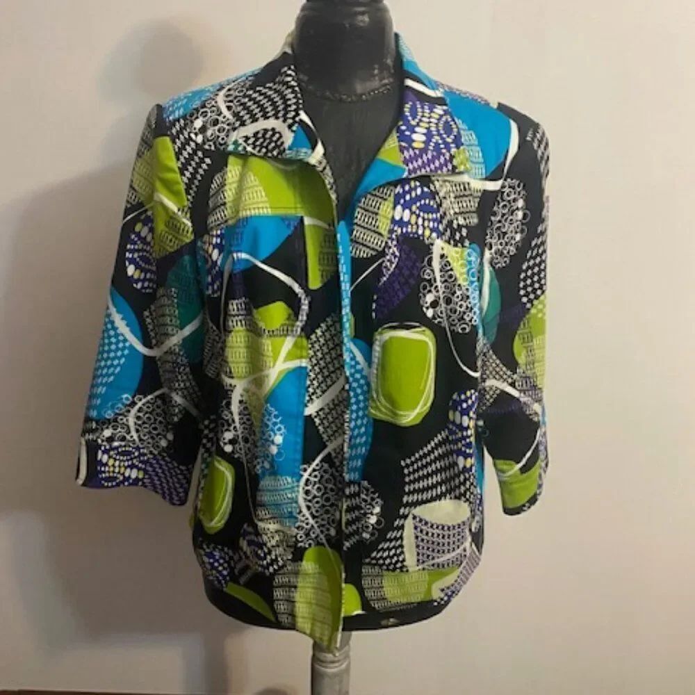 Peter Nygard Green/Black/Blue 3/4 sleeves open blazer, size 16